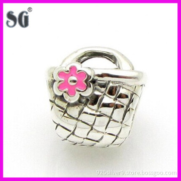 Mini Beauty Lady Purse Handbags Charm Silver Beads With Pink Enamel
